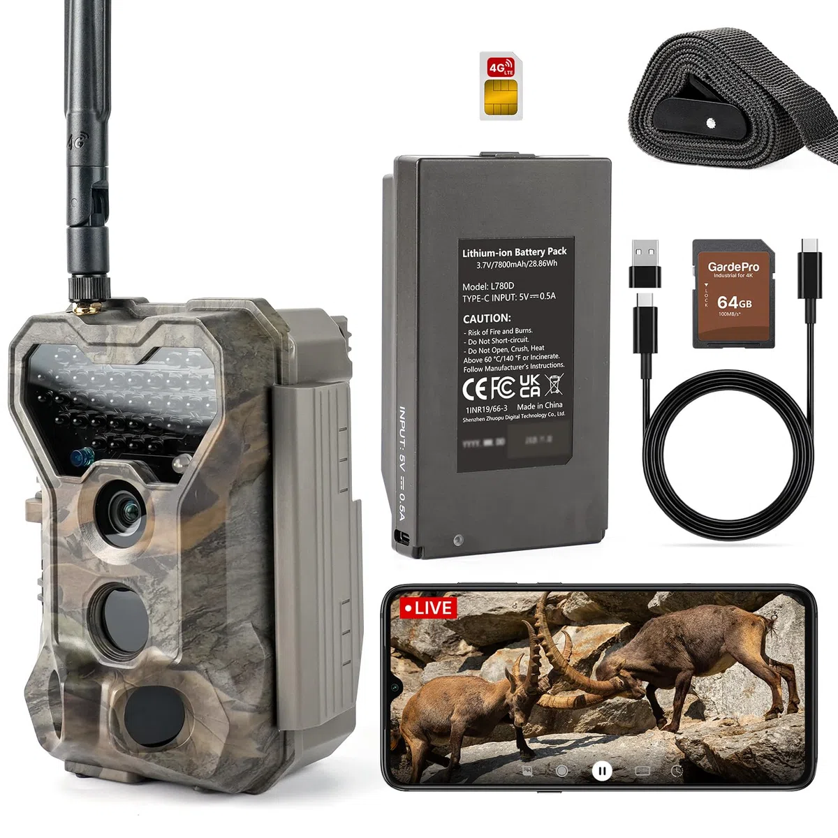 GardePro X70 Pro Fototrappola WiFi 4G LTE con Streaming Live e GPS, Batteria Ricaricabile da 7800 mAh, Scheda SD da 64 GB, 48MP 1296P Fototrappola Notturna, IP66 Foto Trappola per Animali