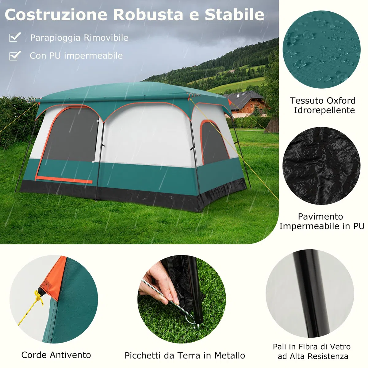 COSTWAY Tenda da Campeggio per 6/8/10 Persone con Veranda, Tenda Familiare con 2 Stanza, 2 Porte, 2 Finestre e Tetto Trasparente,Tendone Impermeabile e Facile da Installare