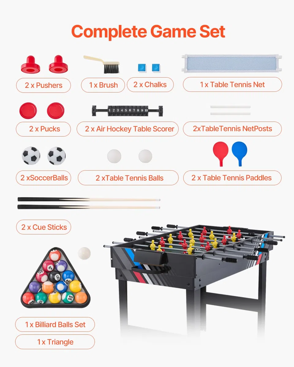 VEVOR Set Combo Tavolo da Gioco, 121,9 cm Aria Hockey Tavolo, Multi Combinazione Tavolo con Aria Hockey Pool Billiard Ping Pong, per Famiglia Sala Giochi Ufficio con Accessori Abbondanti