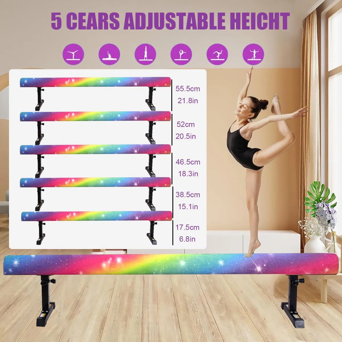 Trave di equilibrio per bambini - Trave di equilibrio pieghevole regolabile in altezza da 17 a 55 cm, attrezzo portatile per l'allenamento con le gambe per fitness/allenamento/ginnastica (viola)