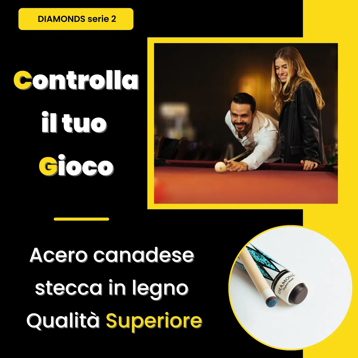 Set di 2 Stecche Biliardo Professionali- Stecca biliardo in acero massiccio - Morbida e resistente per un migliore controllo e precisione - Design originale
