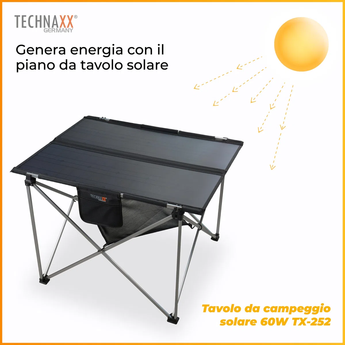 Technaxx TX-252, tavolo solare da campeggio pieghevole da 60W, pannello solare monocristallino con 3x porte USB, uscita DC e design robusto - perfetto per il campeggio e le attività all'aria aperta