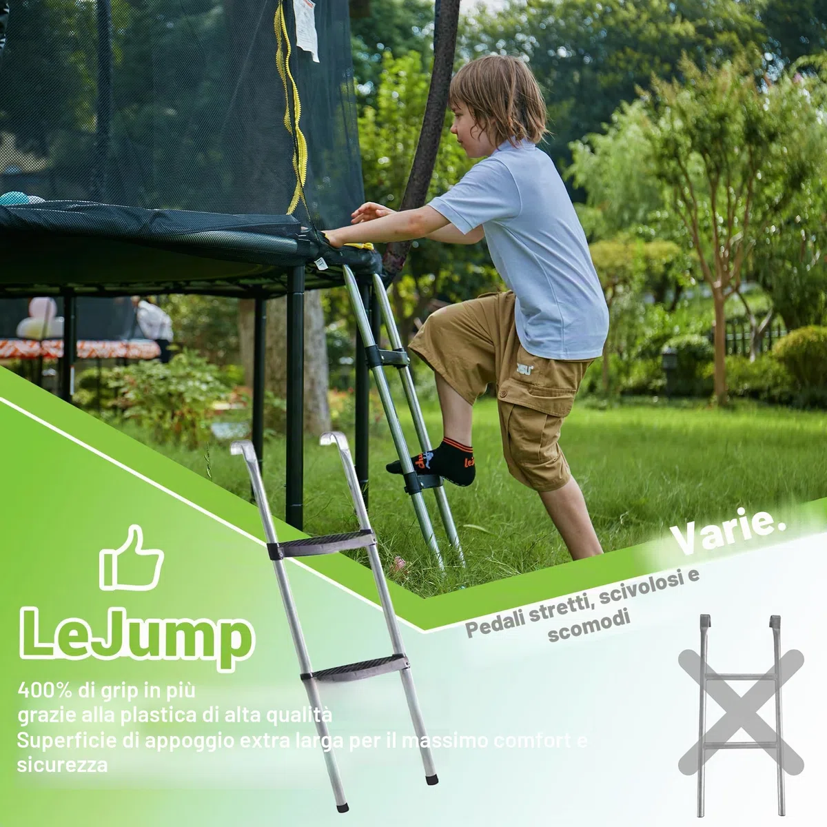 LeJump Trampolino Elastico 235/305/366 cm, Trampolino da Giardino per Bambini Con Rete di Sicurezza Alta e Scala, Trampolini Certificati GS, Capacità Massima 100/150 kg