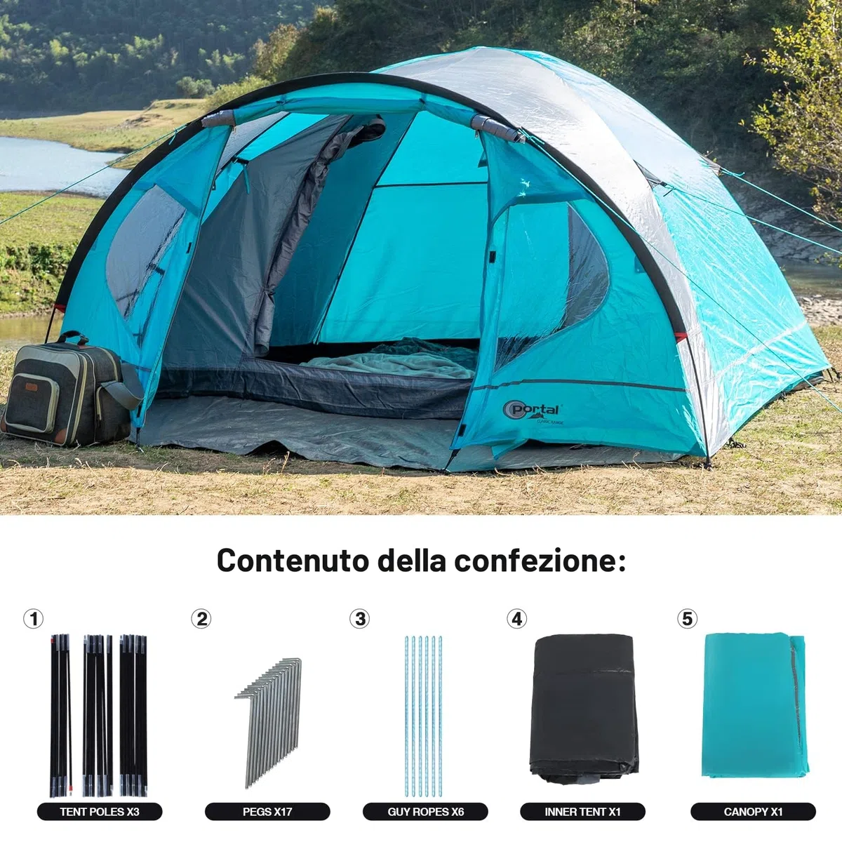 Portal 3 4 Man Tent with Porch, Camping for 3 to 4 Persons with Sewn in Groundsheet, 4000mm Waterproof Family with Bedroom, Lightweight Dome for Outdoor Garden Backpacking Hiking