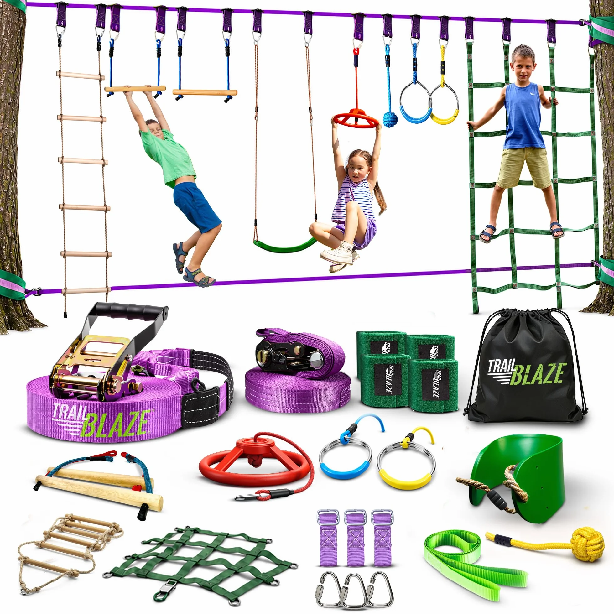 Trailblaze Ninja Line Hanging Obstacle Course for Kids - 40' Set for Backyard American Ninja Warrior Obstacles - Slackline Monkey Bars Kit + Tree Protectors - Carry Bag Included