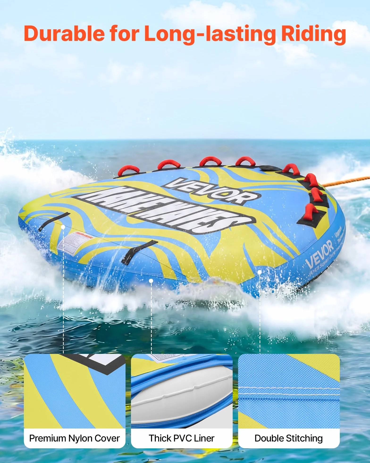 VEVOR Tubo Gommone Gonfiabile Trainabile per Barche da Mare, Tubo Trainabile Capienza ca. 4 Persone Carico Max 308 kg, Gommone per Barche Giochi Acquatici Divertimento, Copertura in Nylon, Blu