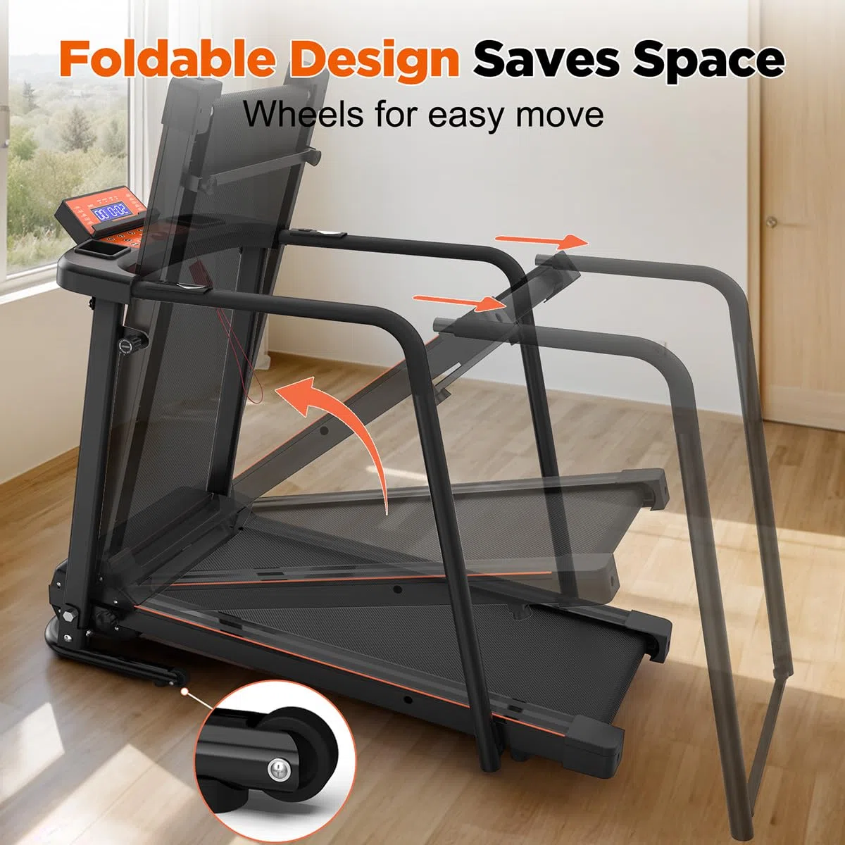 Tapis roulant Clover S200 con lunghi corrimano di sicurezza, velocità regolabile e schermo LCD di facile lettura. Speciale per anziani e riabilitazione. Superficie antiscivolo.