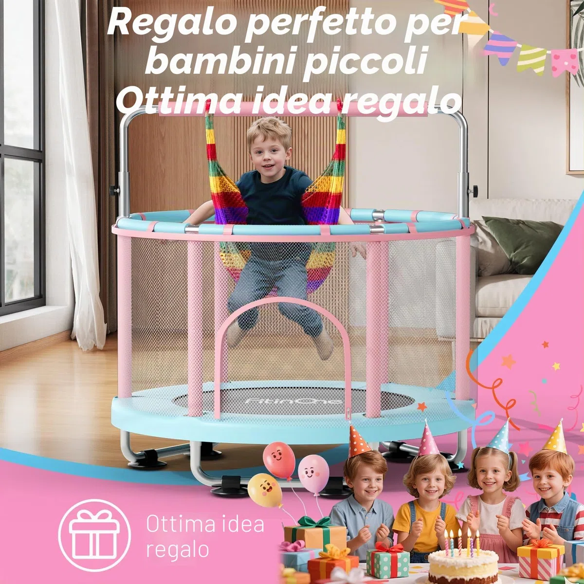FitinOne Trampolino per bambini, 140 cm, mini trampolino per bambini piccoli per interni ed esterni con altalena, 199,6 kg, trampolino per bambini, sbarra da ginnastica, regali di compleanno per