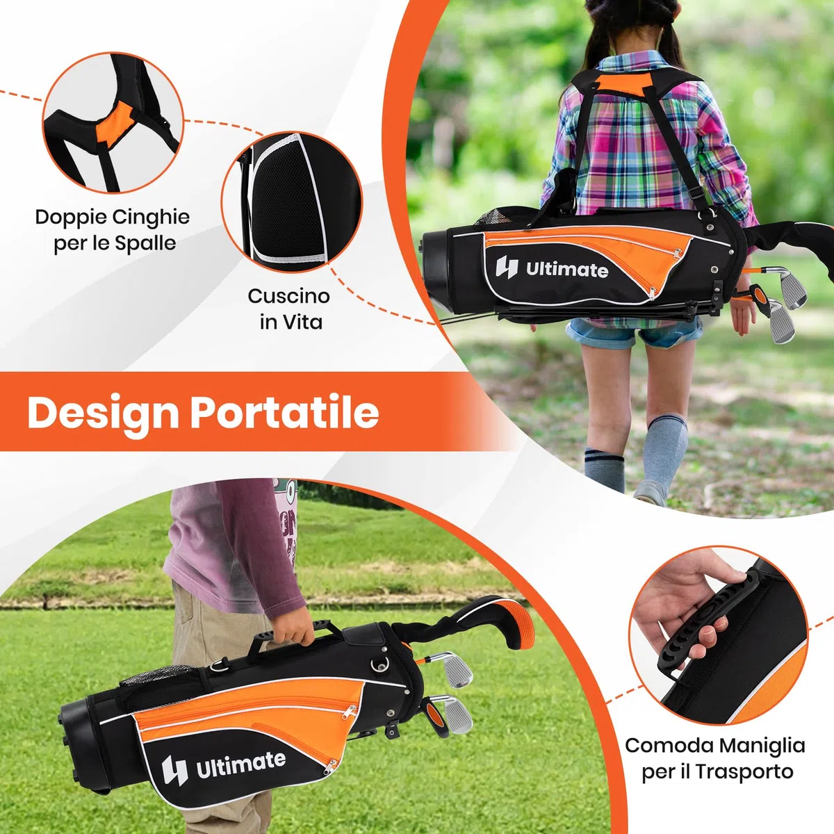 GYMAX Set Completo di Mazze da Golf per Bambini, Include 205CC #3 Fairway, Ferri #7 & #9, Putter, Copritesta, Sacca da Golf Portatile con Cappuccio Antipioggia, per Ragazzi 8-10/11-13 Anni