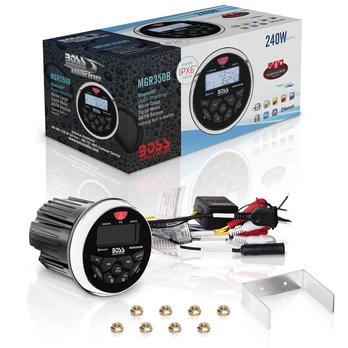 BOSS Audio Systems Ricevitore Stereo per misuratore per Barche Marine MGR350B - unità Principale Bluetooth, nessun Lettore CD Dvd, Amplificatore a 4 canali Integrato, Resistente alle intemperie, USB