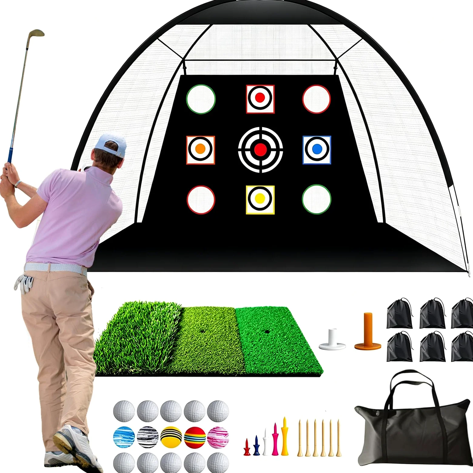 Rete Pratica da Golf 3 x 2,1m, Rete Pratica di Oscillazione per Esterni con Tappetino per Colpire, Reti di Aiuto per l'allenamento del Golf per l'allenamento Chipping in Giardino o Campo Pratica