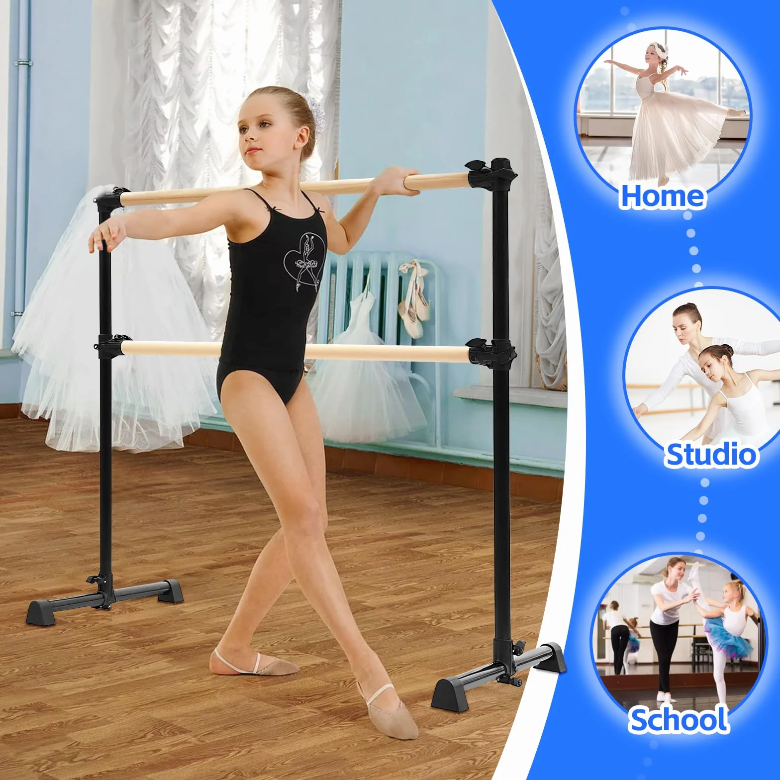 LIROPAU Doppia barra per balletto, autoportante, con piedini antiscivolo, altezza regolabile da 15 a 122 cm, per ragazze e adulti