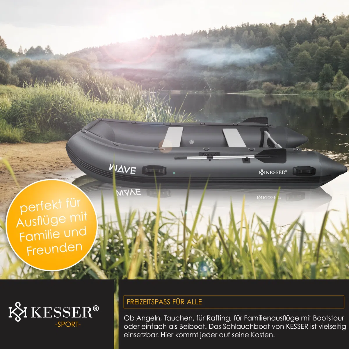 KESSER Gommone 3,20 m per 4 persone – Wave Motor adatto per il tempo libero, barca a motore, barca da pesca, con 2 panche, set di riparazione e borsa gonfiabile in PVC