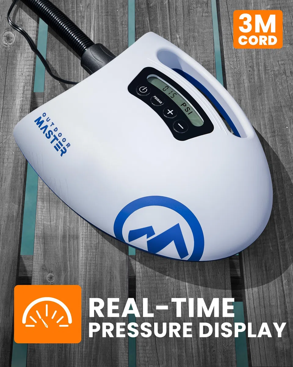 OutdoorMaster The Shark Pompa ad aria elettrica SUP ad alta pressione con 20 PSI 12 V DC Sistema di raffreddamento attivo intelligente a due stadi per gonfiare paddle board barche