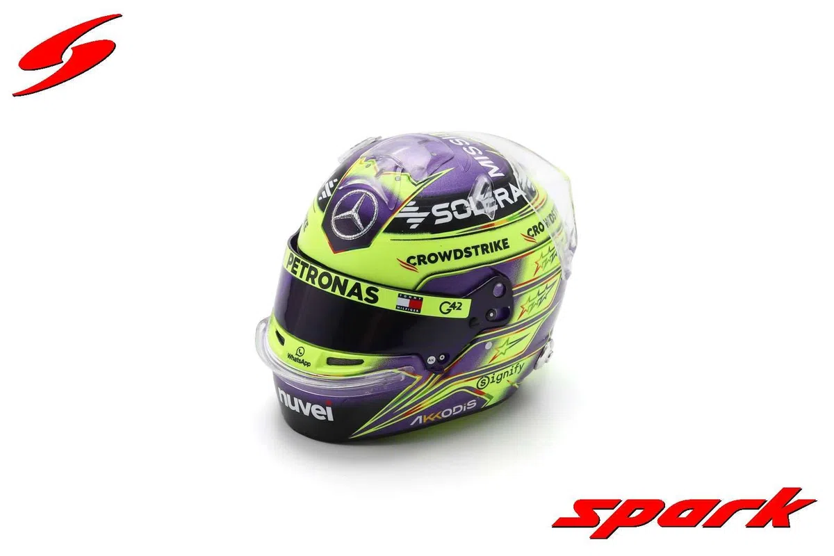 F1 Mini Casco Racing, Lewis Hamilton 2024 British GP Victory, scala 1:5 con vetrina, viola/verde