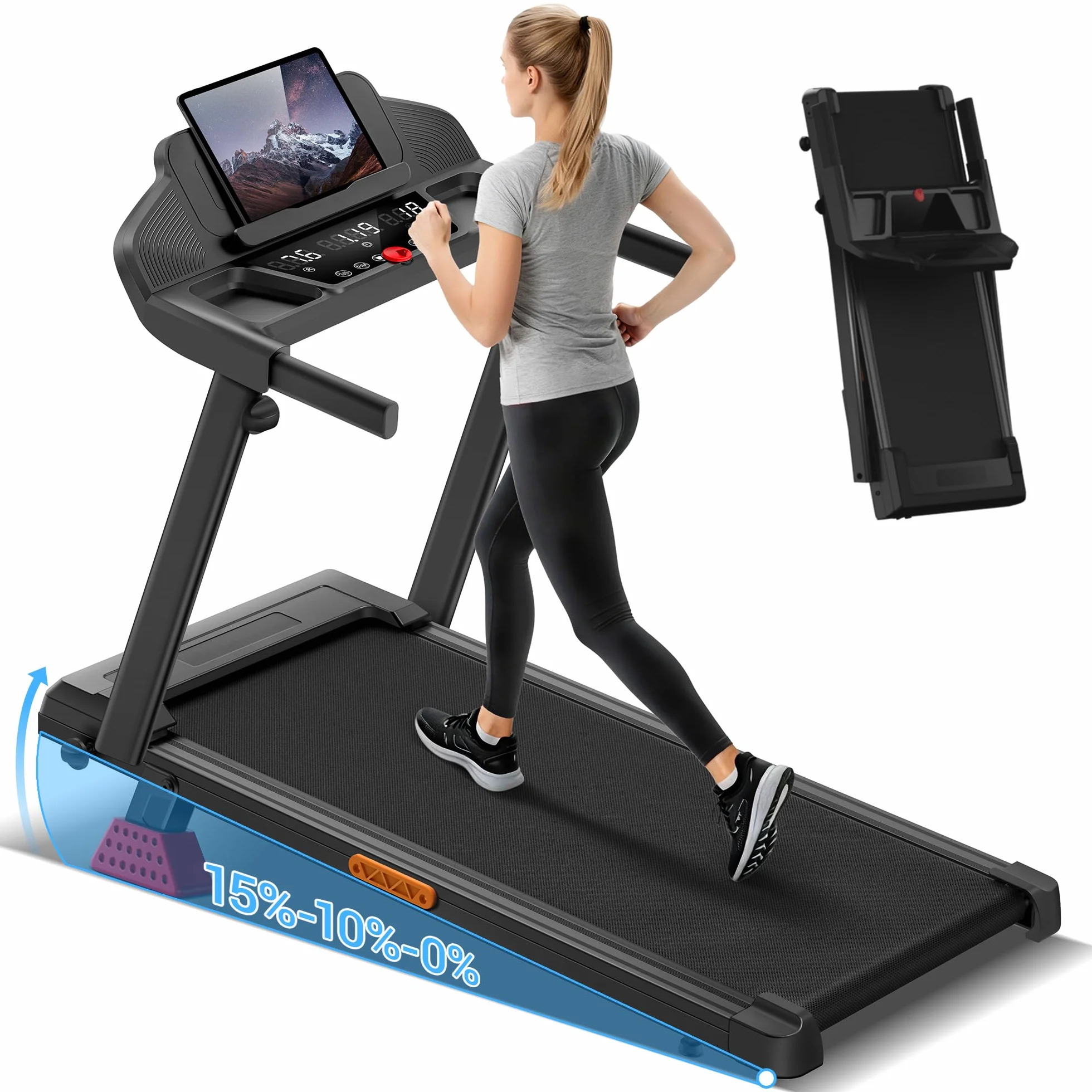 UMAY Tapis Roulant Salvaspazio con Inclinazione 15%, Tapis Roulant Elettrico 12KM/H, Tapirulan Pieghevole da Casa con Motore da 3.0 HP e Display LED, Carico Massimo 136KG