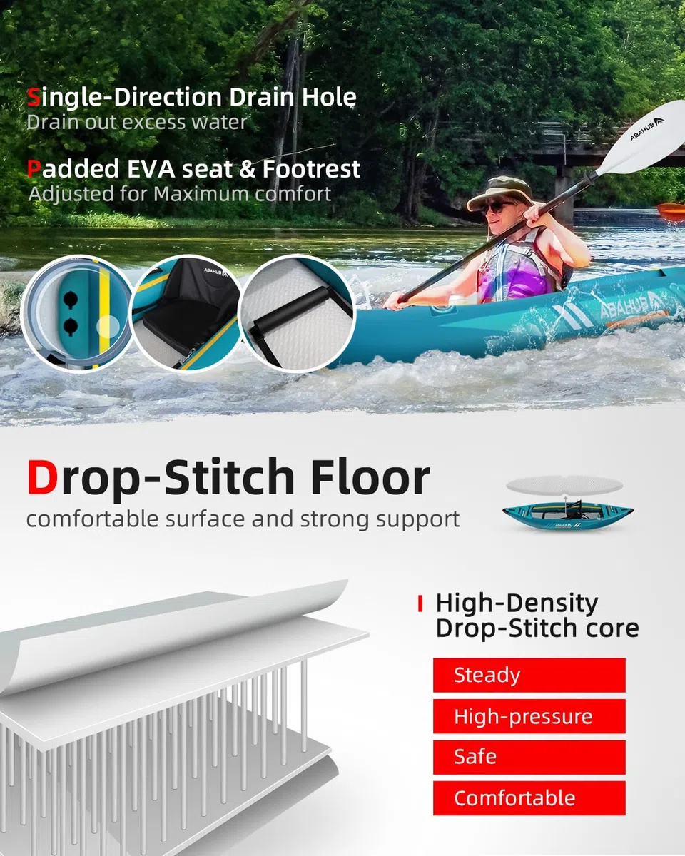 Abahub 320cm/420cm Kayak Gonfiabile con Pagaia, Sedile, Poggiapiedi, Pompa a Mano e Borsa per Kayak Canoa Gommone 1/2 Posti 320/420x89x23cm Azzurro