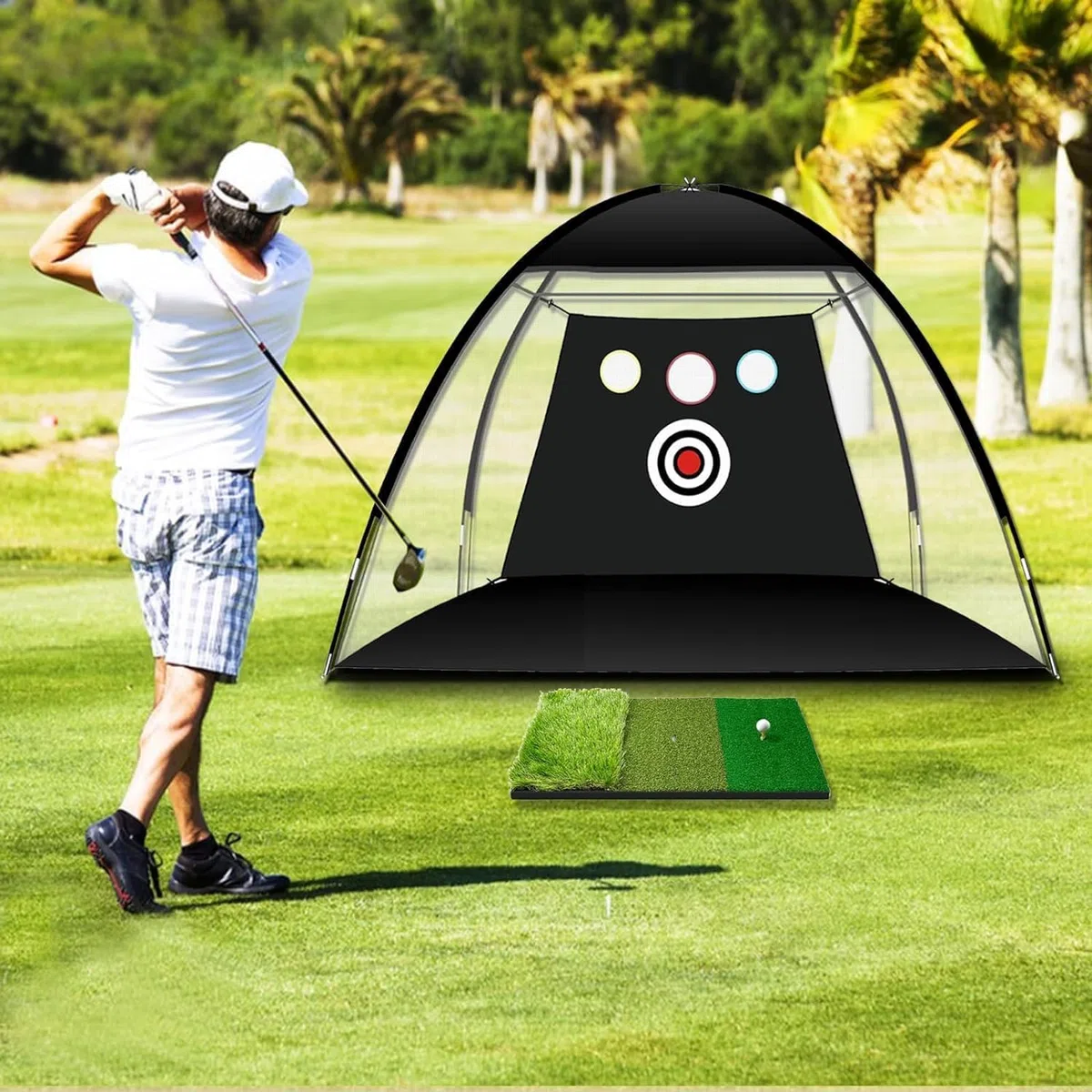 Rete da golf, 3 x 2,1 x 1,8 m, con tappetino per il cortile, per interni ed esterni, chipping Driving, e reti di guida per interni ed esterni, uso in garage, allenamento di oscillazione del golf