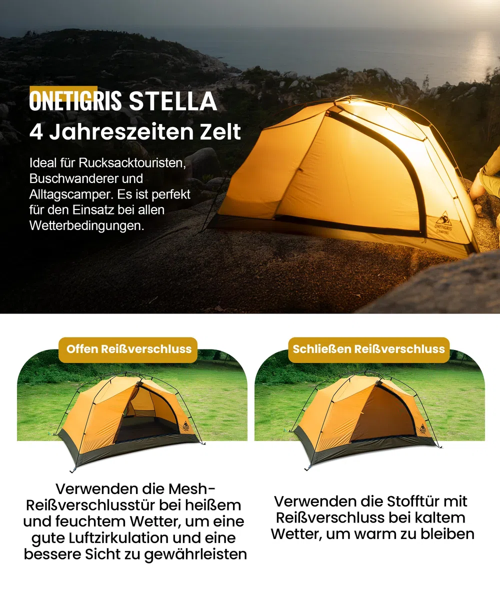 OneTigris Stella - Tenda da campeggio, autoportante, leggera, 3000 mm, impermeabile, 4 stagioni, per escursioni, alpinismo