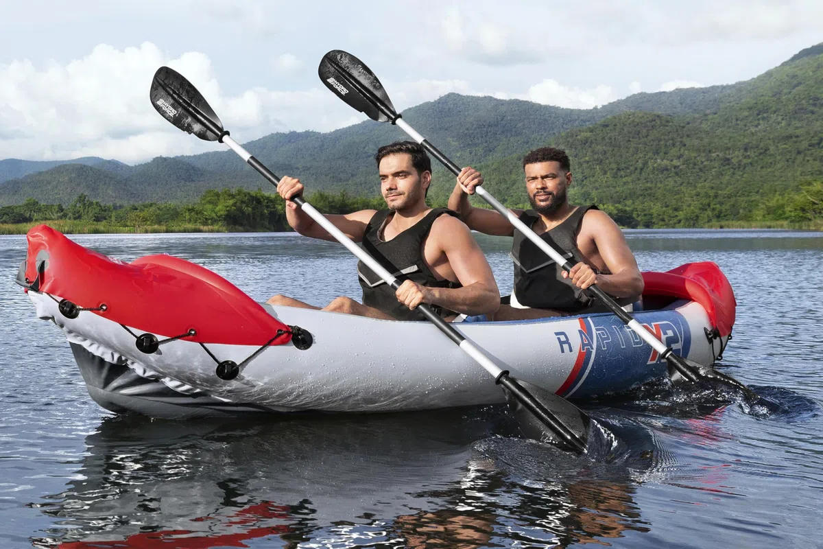 Hydro-Force Rapid Kayak 2 Person Inflatable Kayak Set with Seats, Backrest, Paddles, Hand Pump and Carry Bag