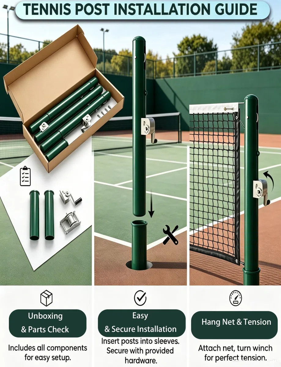Rete da tennis permanente da 106,7 cm, pali da tennis in acciaio con maniche a terra, kit per pali fissi per cortile e campi scolastici