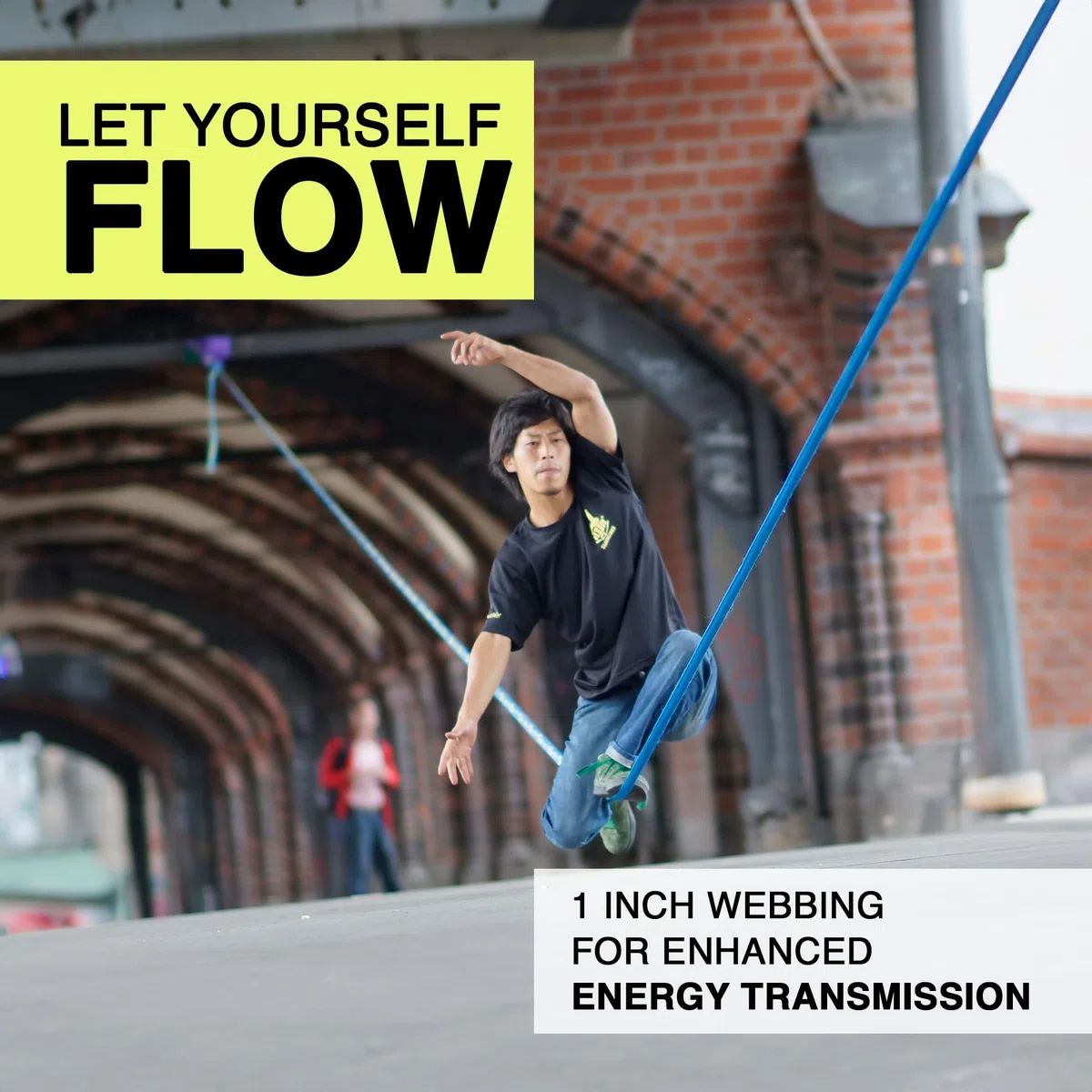 Gibbon Slacklines, Flow Line, con Treewear, blu-giallo, 25metri (22,5m di fettuccia slackline+2,5m slackline con cricchetto cucito)larghezza 1"/2,5 cm