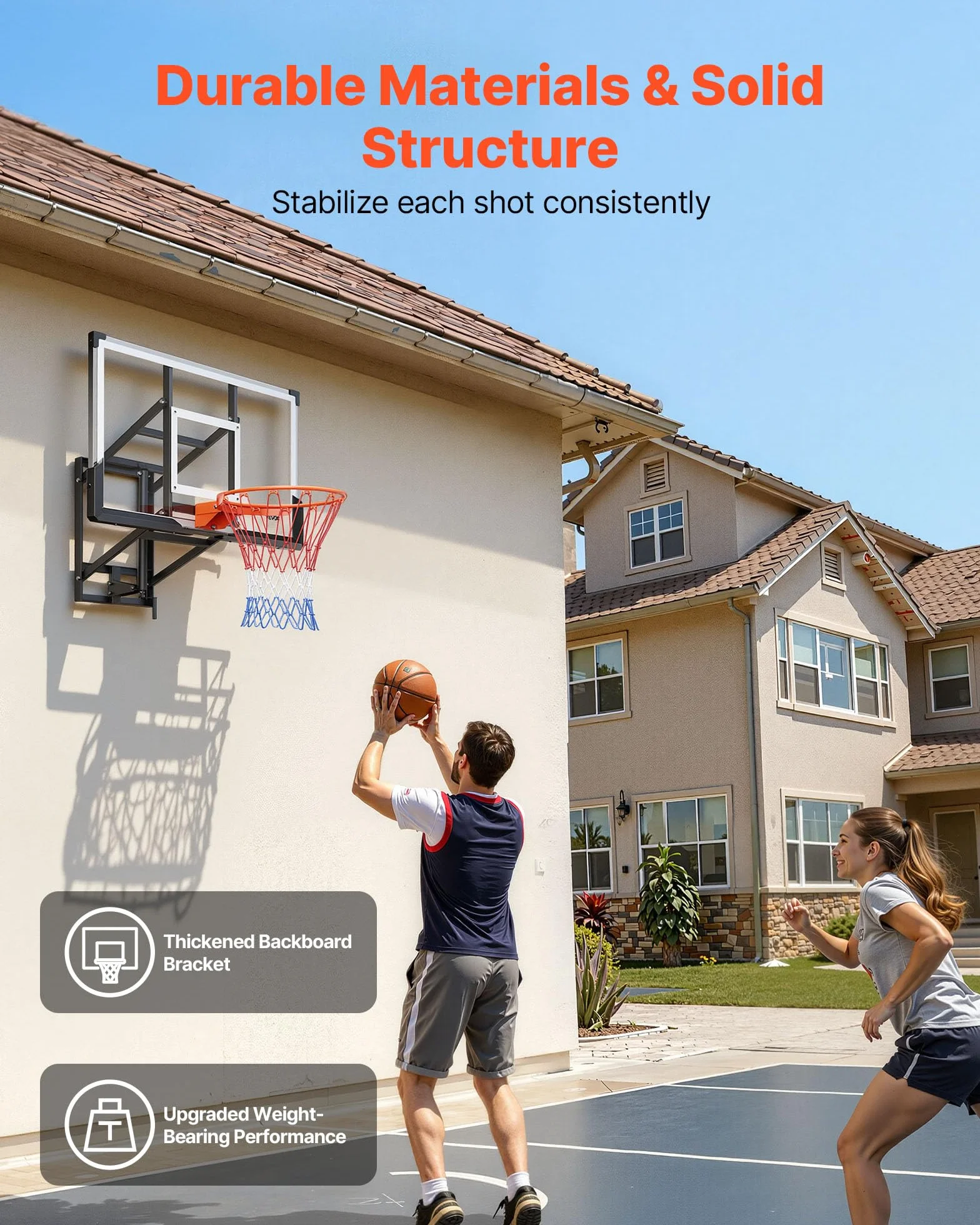 VEVOR Canestro da Basket a Parete con Tabellone in PC da 1371,6 mm e Tabellone con Spessore di 2 mm, Rete in Misto Nylon Spesso, Canestro da Basket Peso di 33,6 kg per Gioco Professionale