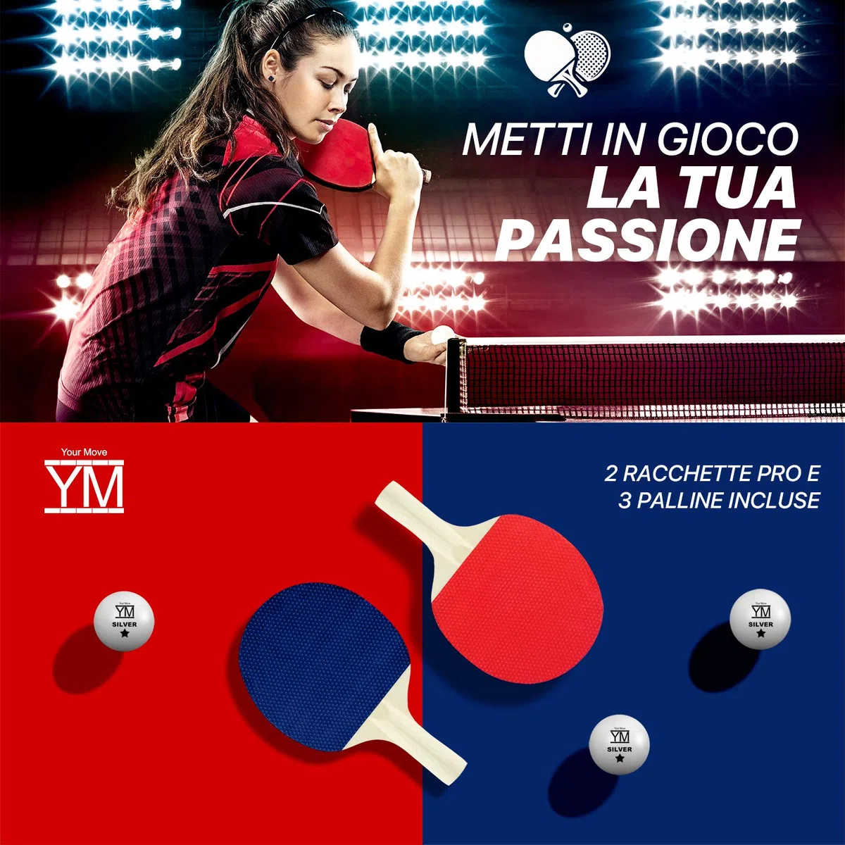 YM Tavolo Ping Pong Interno Pieghevole Indoor Drago - Dimensioni Ufficiali da Torneo 274 x 152,5 x 76 cm - Route per Il Trasporto - Racchette e Palline Omaggio Incluse - Sistema Twin Multi Security