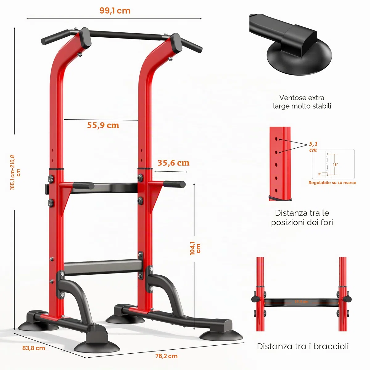 SogesPower Power Tower Dip Station Barra per trazioni per palestra a casa regolabile in altezza attrezzatura per allenamento di forza, rosso