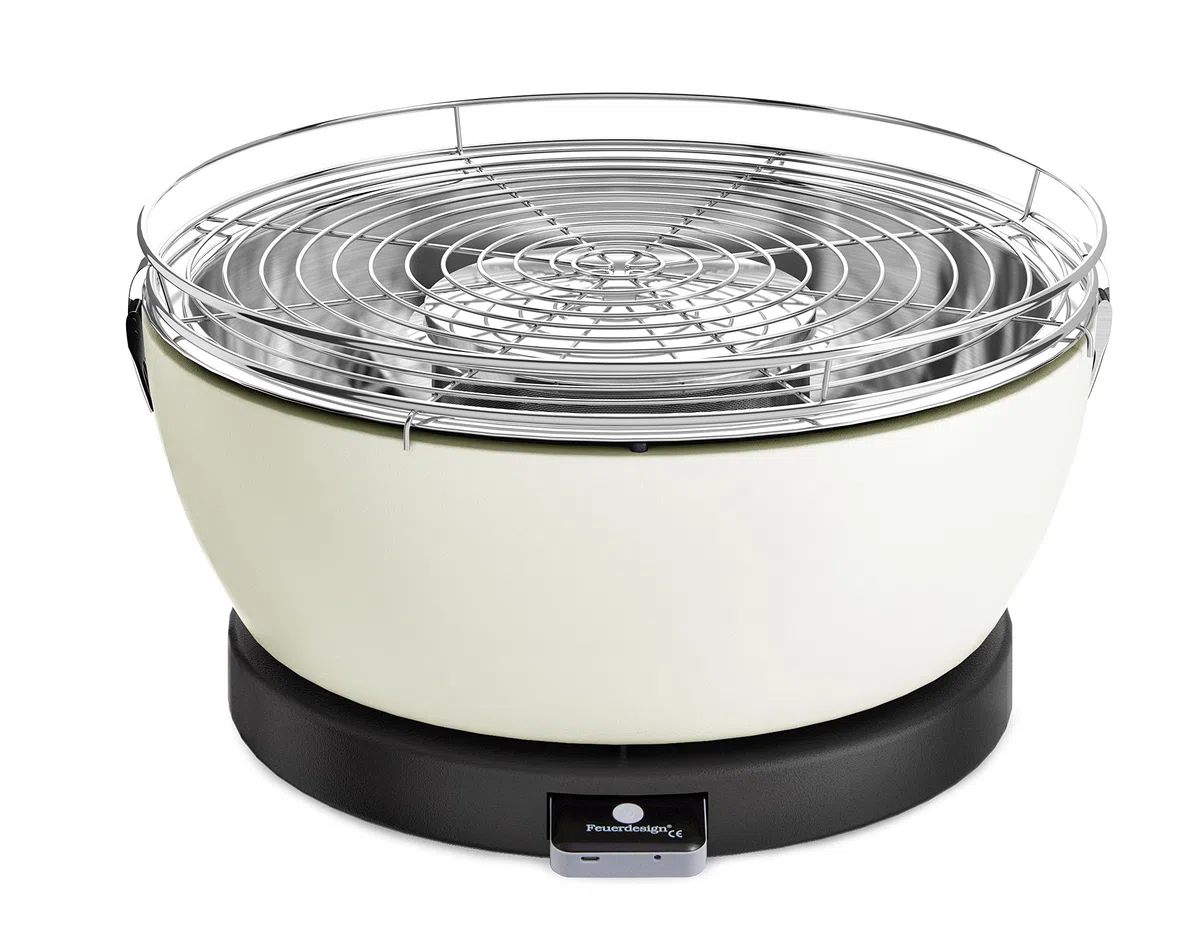 Feuerdesign Vesuvio Grill E Pinza Per Barbecue, Diametro 33 Cm, Lavabile In Lavastoviglie, Ventola Rimovibile, Borsa Per Trasporto Inclusa, Bianco