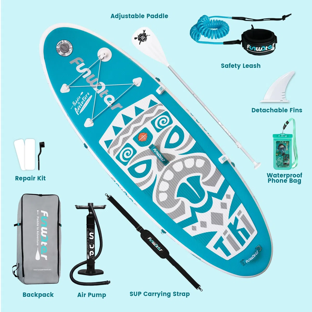 FunWater Tavola SUP Gonfiabile Surf Paddle Board, Ultralight SUP per tutti i livelli con paddle, pinne, zaino, pompa, kit di riparazione, guinzaglio, borsa telefonica