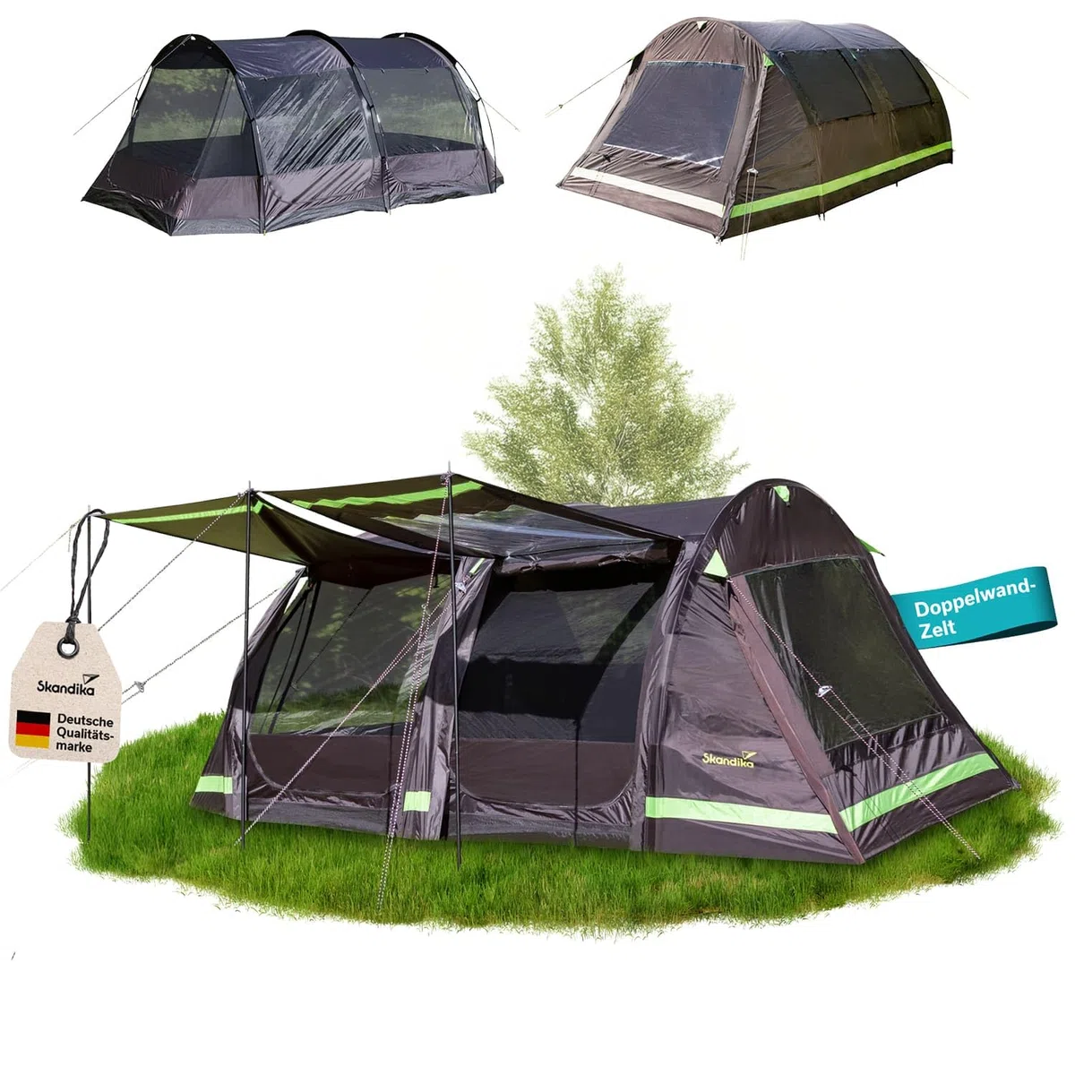 Skandika Tenda a tunnel Solheim, per 4/6 persone, pavimento della tenda cucito, colonna d'acqua 3000 mm, UPF 50+, con zanzariera e tettuccio parasole, tende, tenda familiare