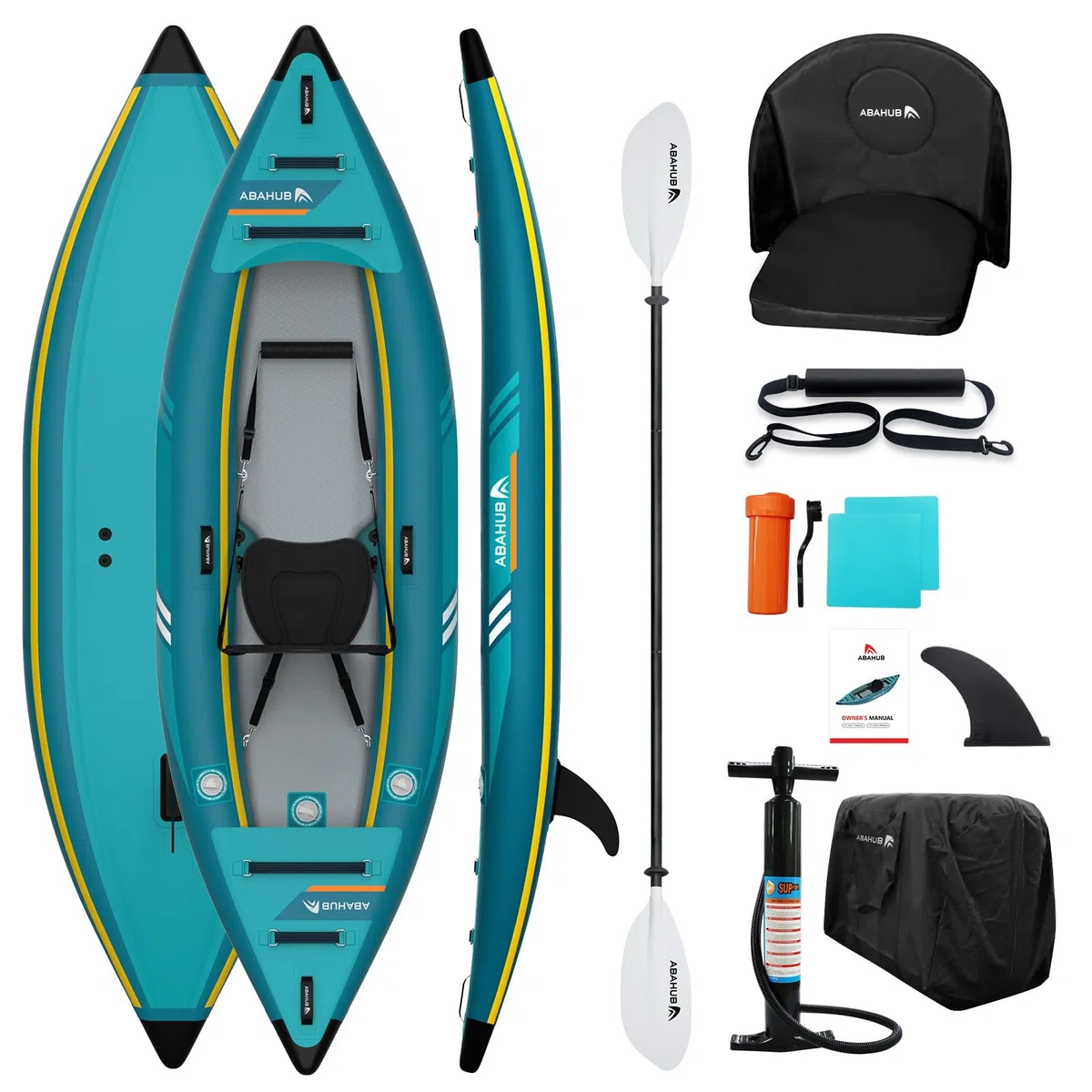 Abahub 320cm/420cm Kayak Gonfiabile con Pagaia, Sedile, Poggiapiedi, Pompa a Mano e Borsa per Kayak Canoa Gommone 1/2 Posti 320/420x89x23cm Azzurro