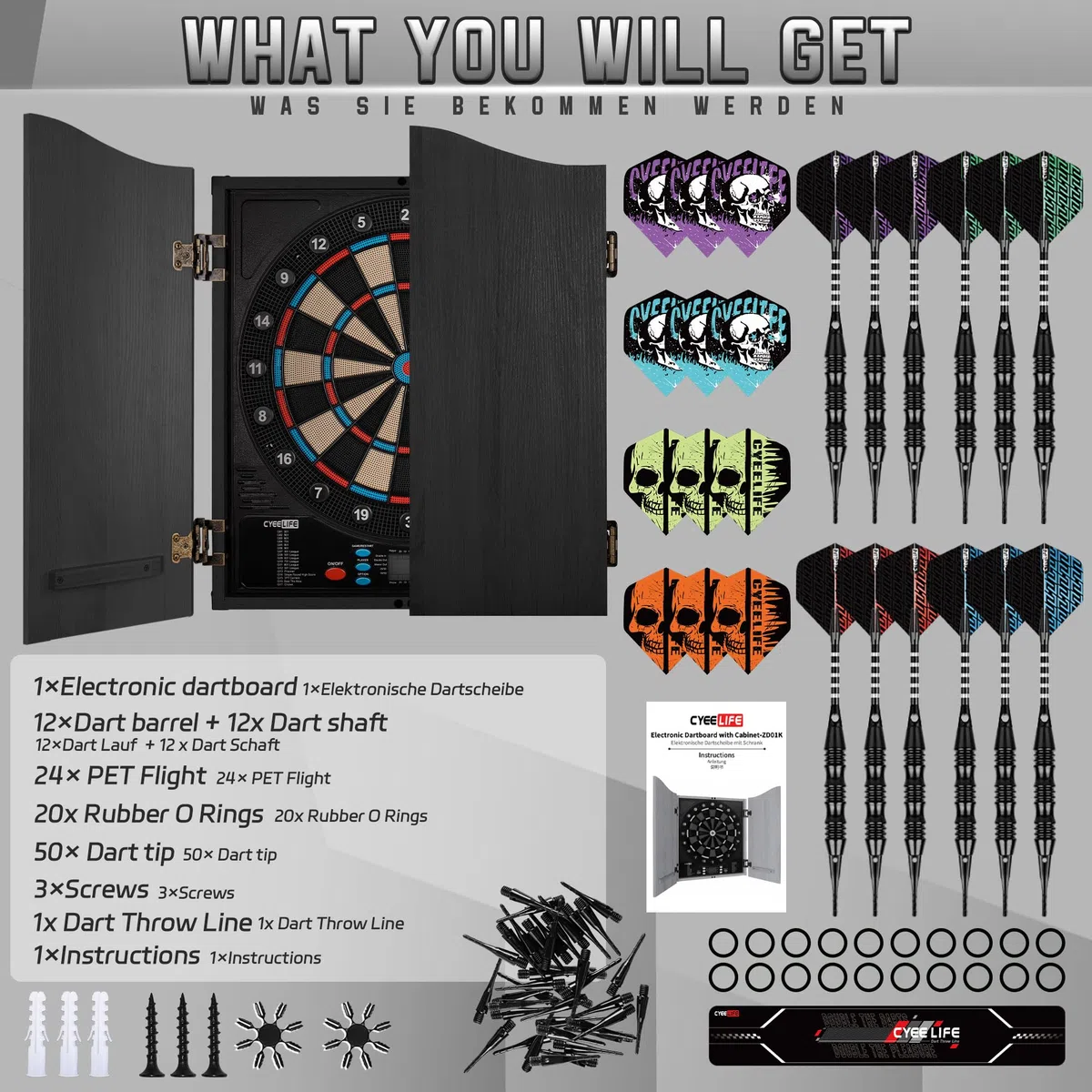 CyeeLife Bersaglio per Freccette Elettronico con Cabinet in Legno, Dartboard Elettronico, Bersaglio con 34 Giochi e 355 Varianti, Modalità per 8 Giocatori, Display LED