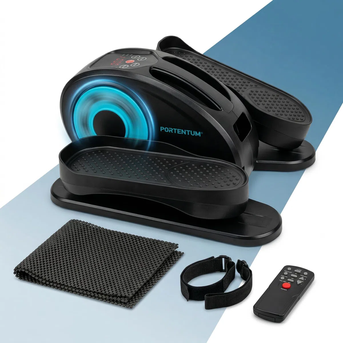 PORTENTUM Mini ellittica da casa elettrica con bande di resistenza – Tappetino e cinghie – Pedaliera riabilitazione automatica e manuale 12 velocità – Telecomando e motore silenzioso