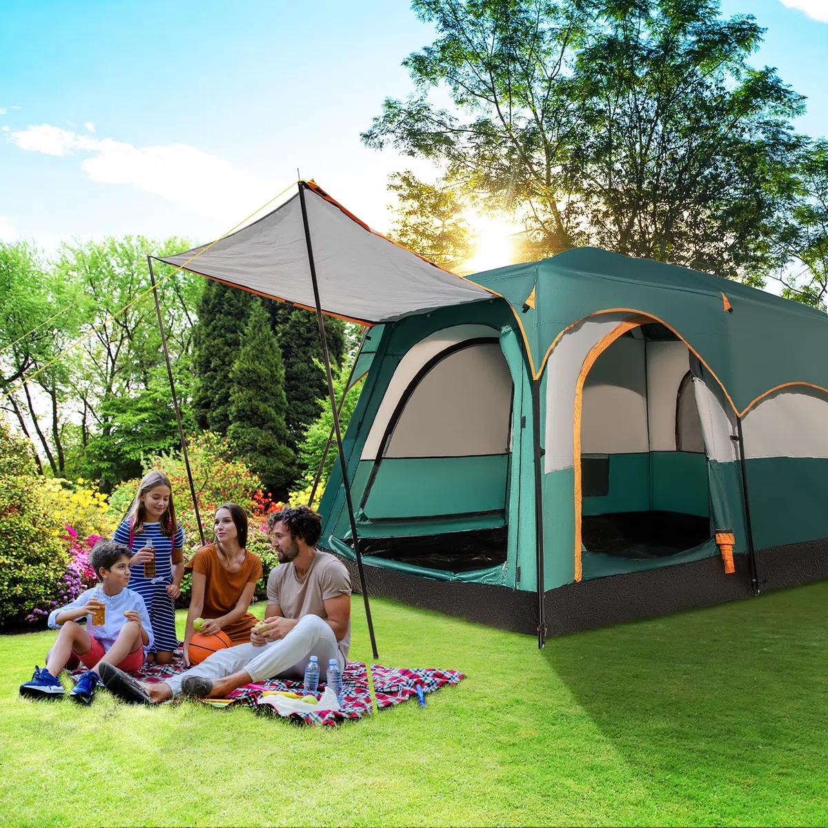HOMASIS Tenda a Tunnel per 4-6 Persone con 2 Divisori e 3 Ingressi, Tende con Avancorridoio e Tappetino, Tenda Familiare con Borsa per il Trasporto per Campeggio, Trekking e Escursioni