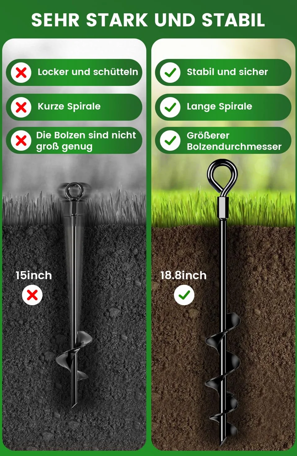 Ancoraggio a terra 48 cm, confezione da 4 con cinghie resistenti, ancoraggio a terra da avvitare nel terreno per tende, altalene, tettoie, particolarmente stabili e facili da installare