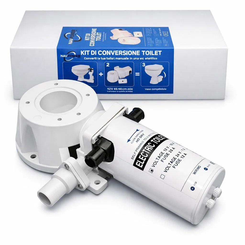 Navpower Kit Trasformazione Conversione per Toilette WC Universale 12v - Kit conversione WC Toilette da Manuale a Elettrico Orrizontale - Barca Camper Roulotte - Compatibile con Jabsco TMC Ocean