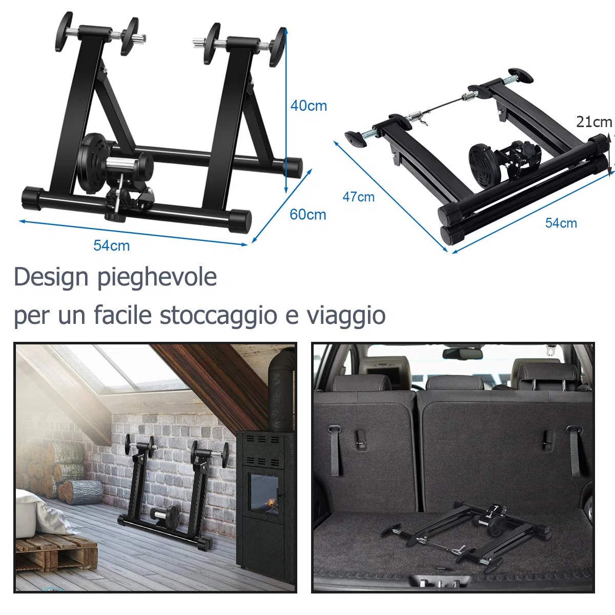 GOPLUS Rullo Allenamento da Ciclismo, per Ruote di 26-28 Pollici, Senza Filo, Pieghevole da Trasport e Stoccaggio, Fissato da Pomolo, Ideale per Interno, Acciaio, 54x50x39,5 cm, Nero