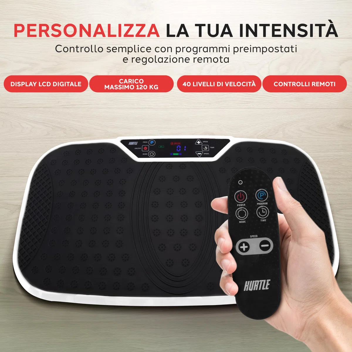 Hurtle Pedana Vibrante Dimagrante, Vibration Plate per Tonificazione e Brucia Grassi, Piastra Vibrante con Bande di Resistenza, Ruote, Telecomando e Velocità Regolabile, Allenamento Completo Casa