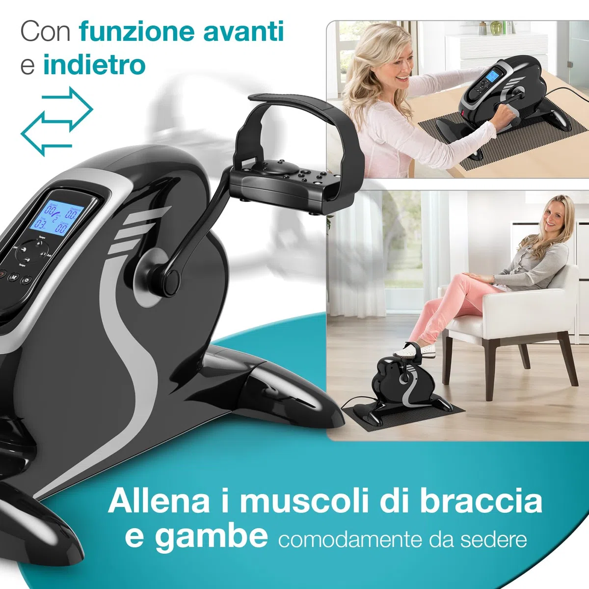 ELONEO Mini Cyclette da Casa - Attrezzo 2 in 1 per Esercizi di Braccia e Gambe da Seduti, Motorizzata, Pedaliera Riabilitazione, 12 Velocità, Display LCD, Maniglie Massaggianti, per Letto