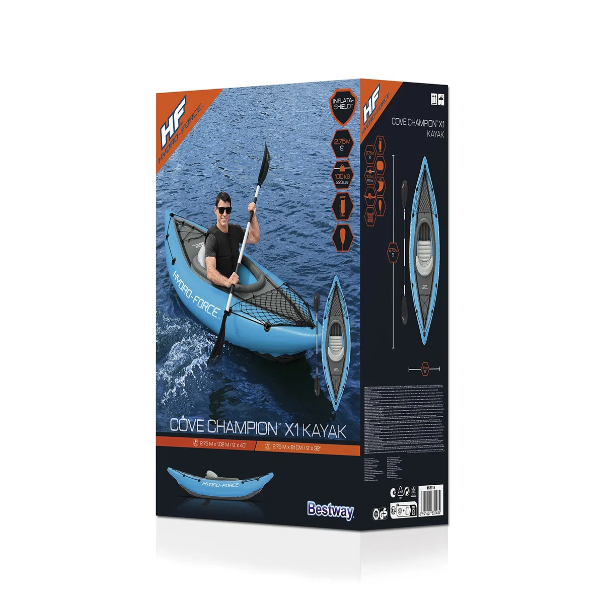 Hydro-Force Cove Champion, set kayak gonfiabile per 1 persona con pompa a mano, pagaie, borsa per il trasporto, blu