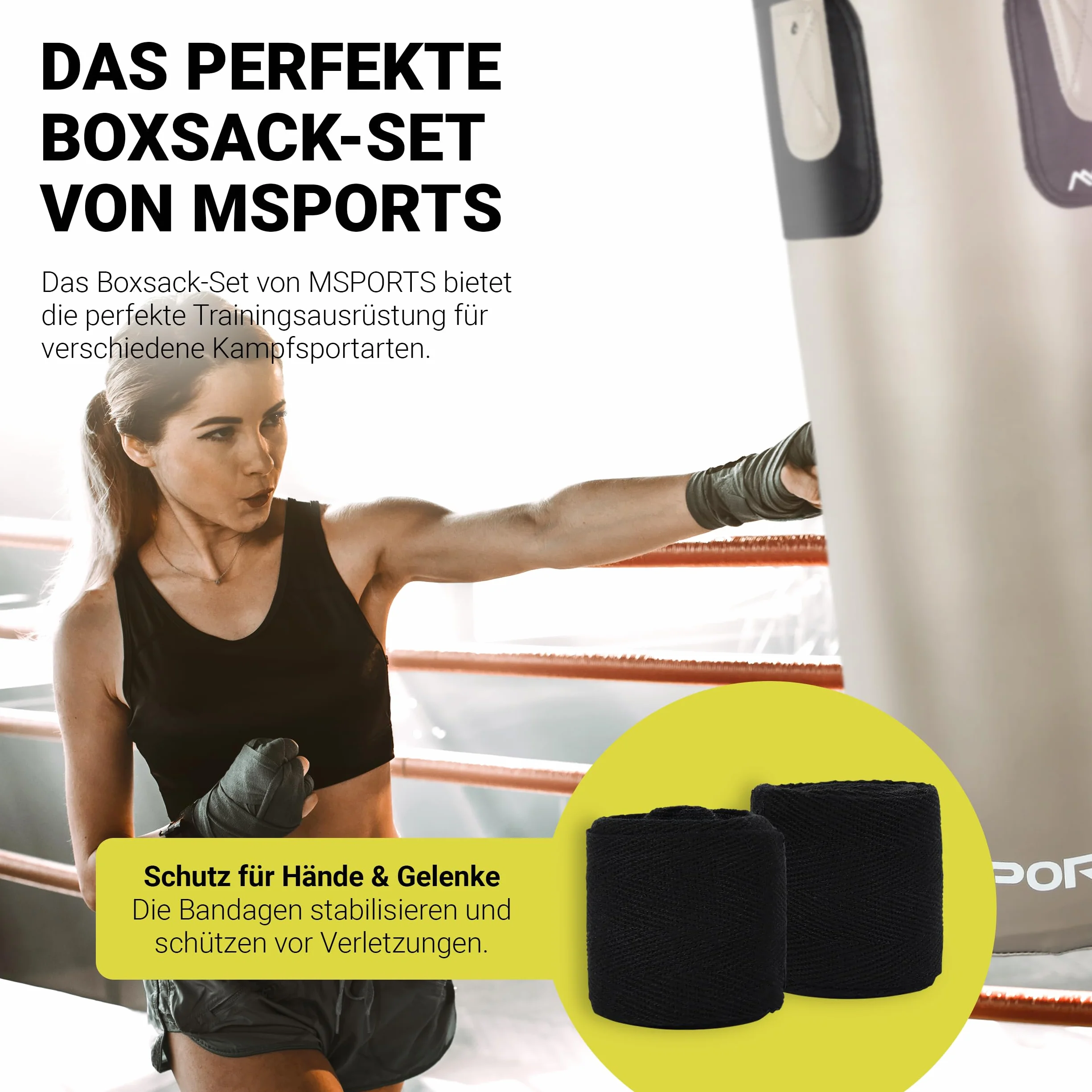 MSPORTS Punch Bag Set Premium 80 × 30 cm – Sacco da boxe 25 kg + guantoni da boxe e bende – allenamento boxe, kickboxing & fitness a casa o in studio