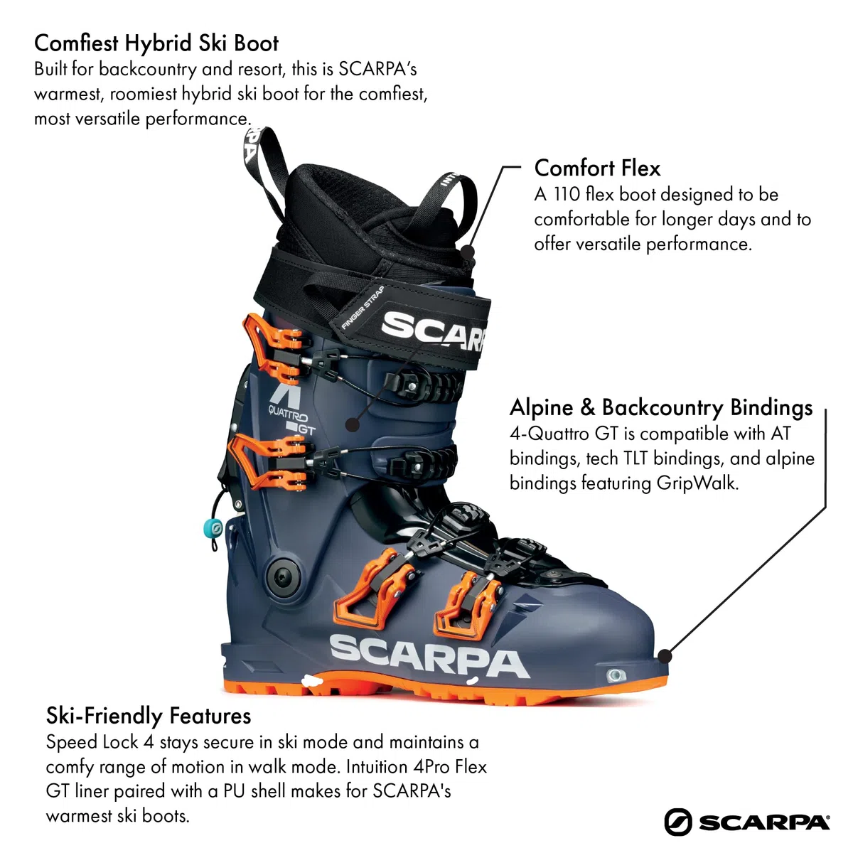 SCARPA 4-Quattro GT 110 Flex Freeride Alpine Touring Hybrid Scarponi da sci con GripWalk per sci alpinistico e downhill