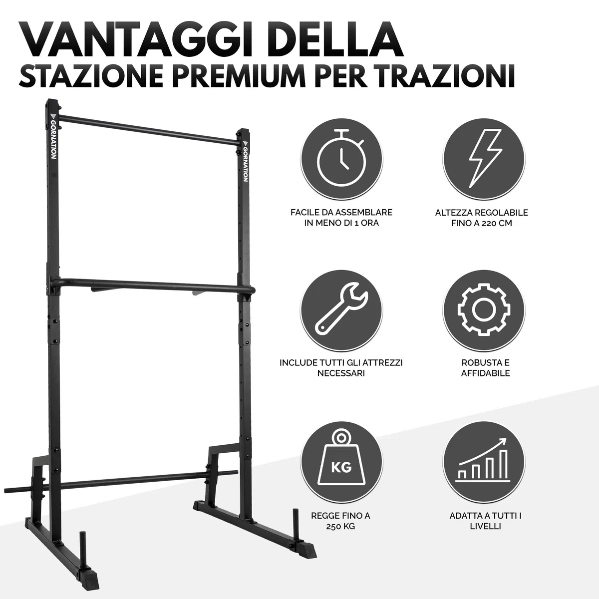 GORNATION Power Tower Multifunzione, Pull Up Station, Barra per trazioni, Perfetta per Fintess e Calisthenics, Squat Rack, Altezza Regolabile