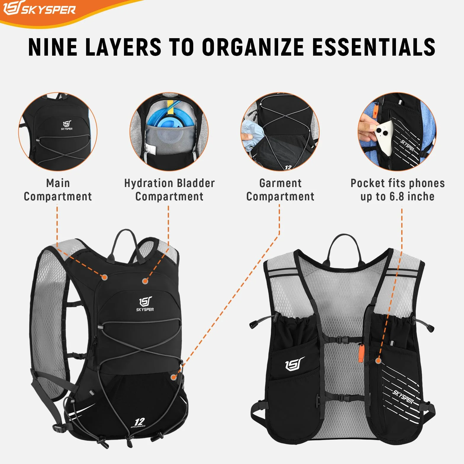 SKYSPER Zaino Idratazione 12L, Gilet Zaino Trail Running con 2 Borraccie Morbide 500ml Zaino da Corsa per Maratona Jogging Escursione Uomo Donna