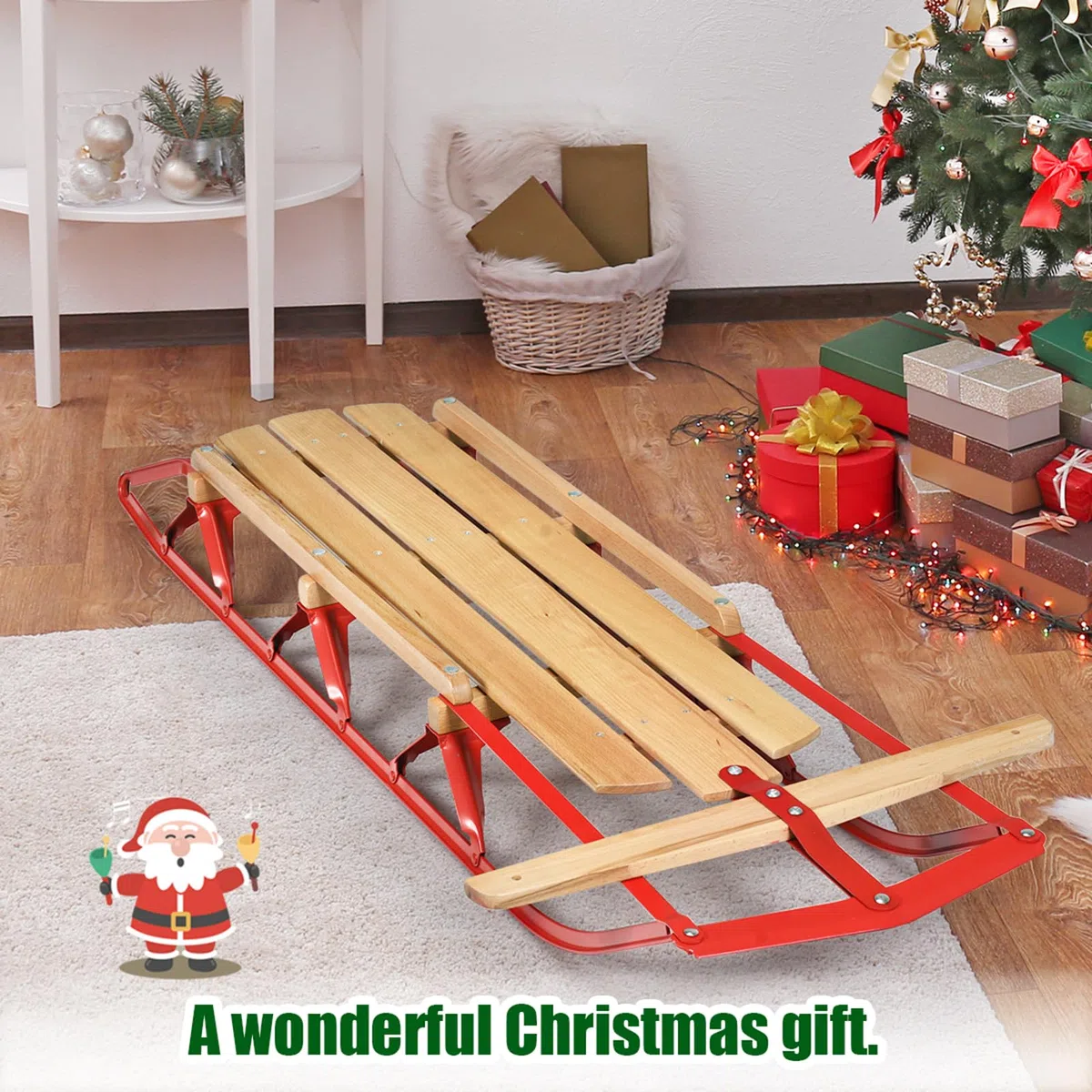 KOMFOTTEU Slittino in Legno e Metallo, Slitta da Neve Portato fino a 150 kg, con Pattini e Maniglie, Slittinoie per Bambini e Adulti, 137 x 58 x 16 cm