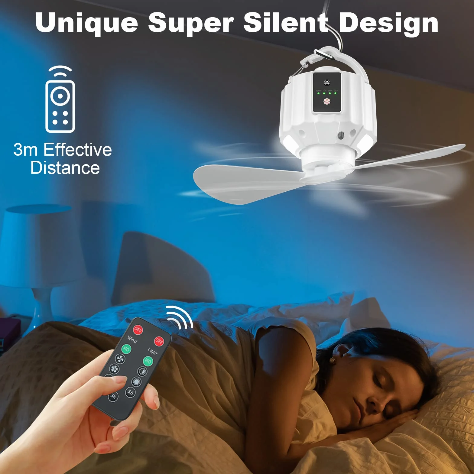 Ventilatore da Campeggio con Lanterna LED, Ventilatore da Campeggio Ricaricabile USB per Tende, Telecomando, Pale del Ventilatore Staccabili,Timer, per Picnic,Tende,Viaggi,Emergenza (Bianco)