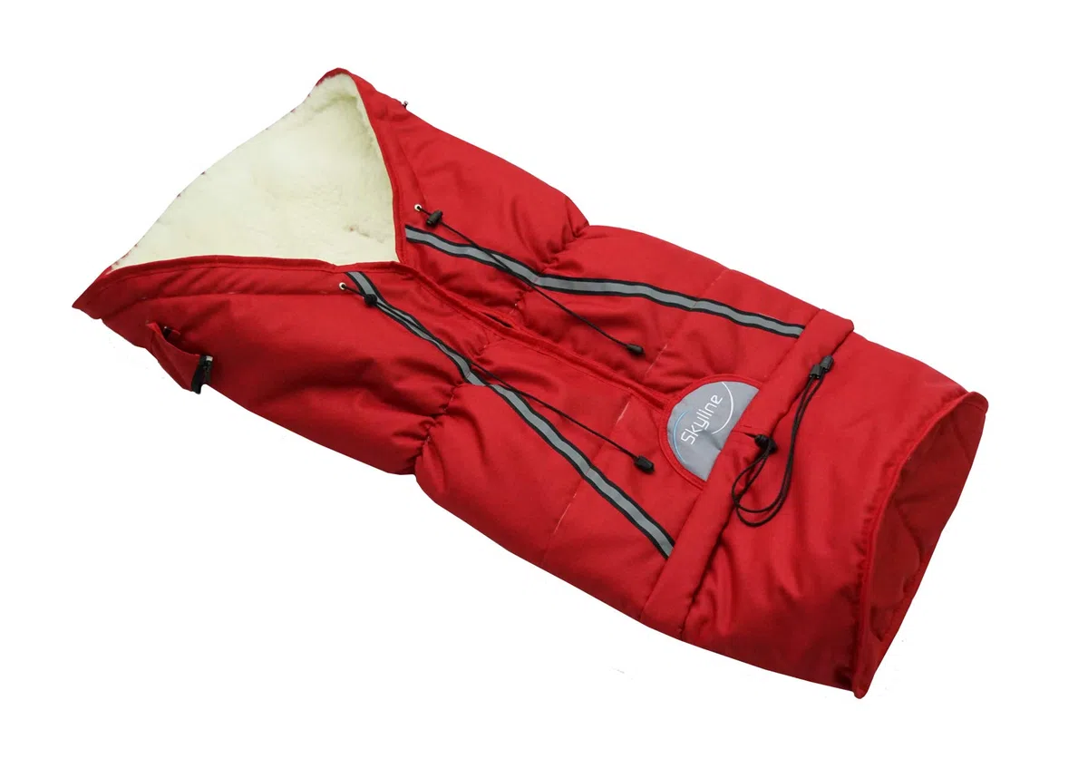 Skyline Slittino in legno per bambini, con schienale, slittino Davoser, in legno, con cintura di sicurezza, schienale e sacco a pelo invernale (Natur/Rosso)