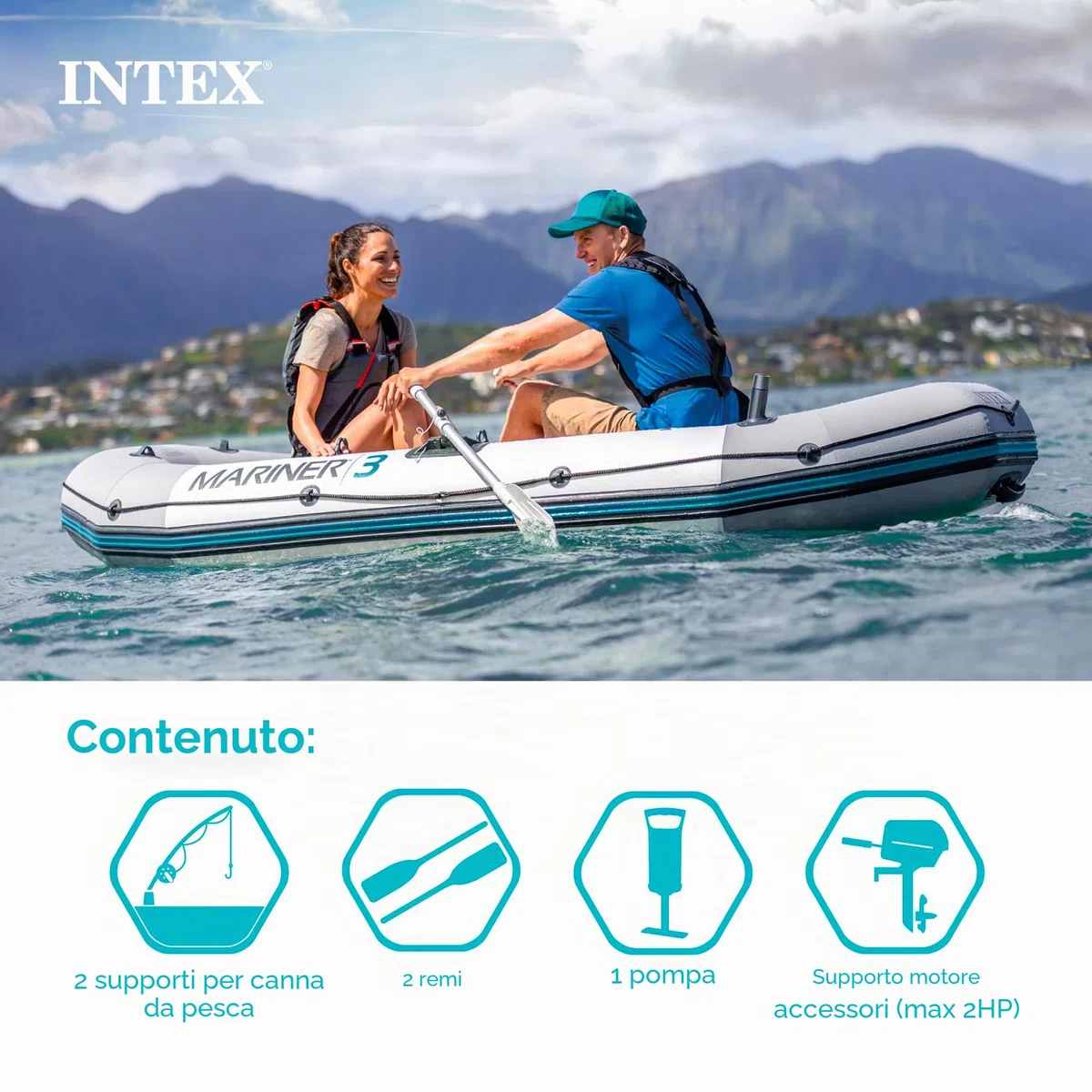 INTEX Serie di barche gonfiabili Mariner: include remi da barca deluxe e pompa ad alto rendimento - PVC super resistente - chiglia resistente all'usura - porta canna da pesca rimovibile - maniglia